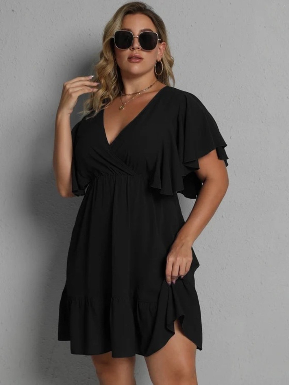 SHEIN Black V-Neck Ruffle Sleeve Mini Dress